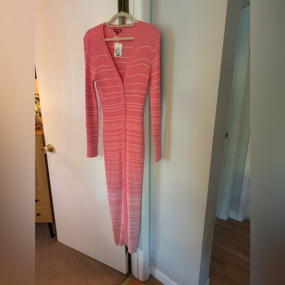 STAUD Pink Striped Ribbed Button-Front Midi Dress - Picture 7 of 9